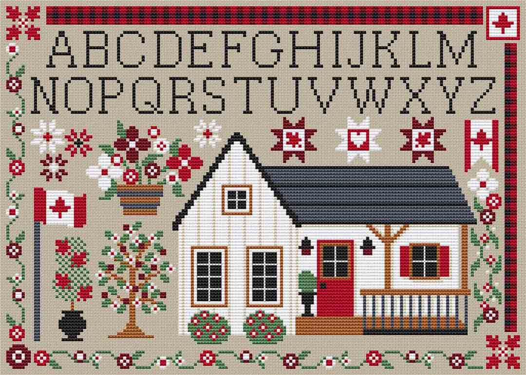 A stitched preview of the counted cross stitch pattern Canadian Sampler by Erin Elizabeth Designs