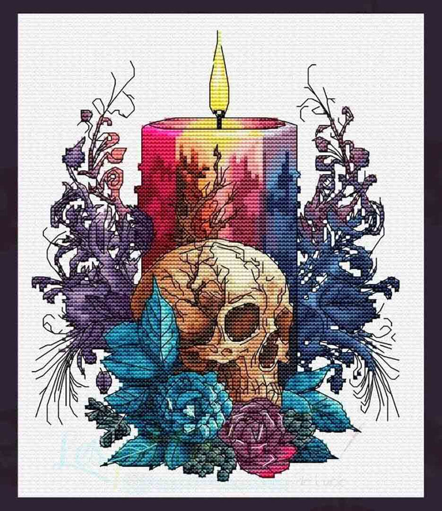 A stitched preview of the counted cross stitch pattern Candle Skull Roses by Les Petites Croix De Lucie