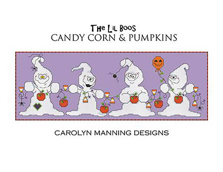 A stitched preview of the counted cross stitch pattern Candy Corn And Pumpkins by Carolyn Manning Designs
