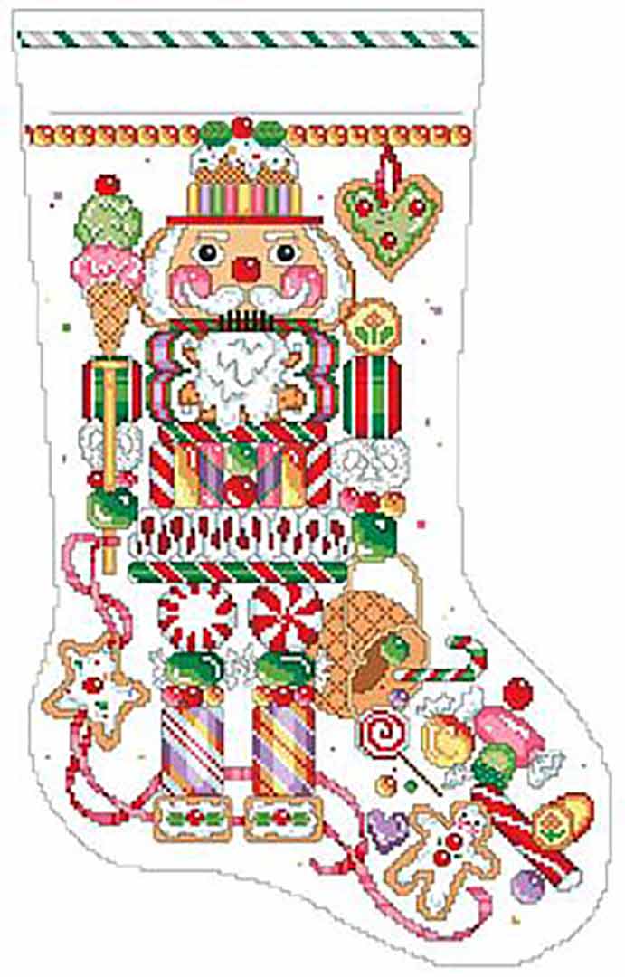 A stitched preview of the counted cross stitch pattern Candy Nutcracker Stocking by Kooler Design Studio