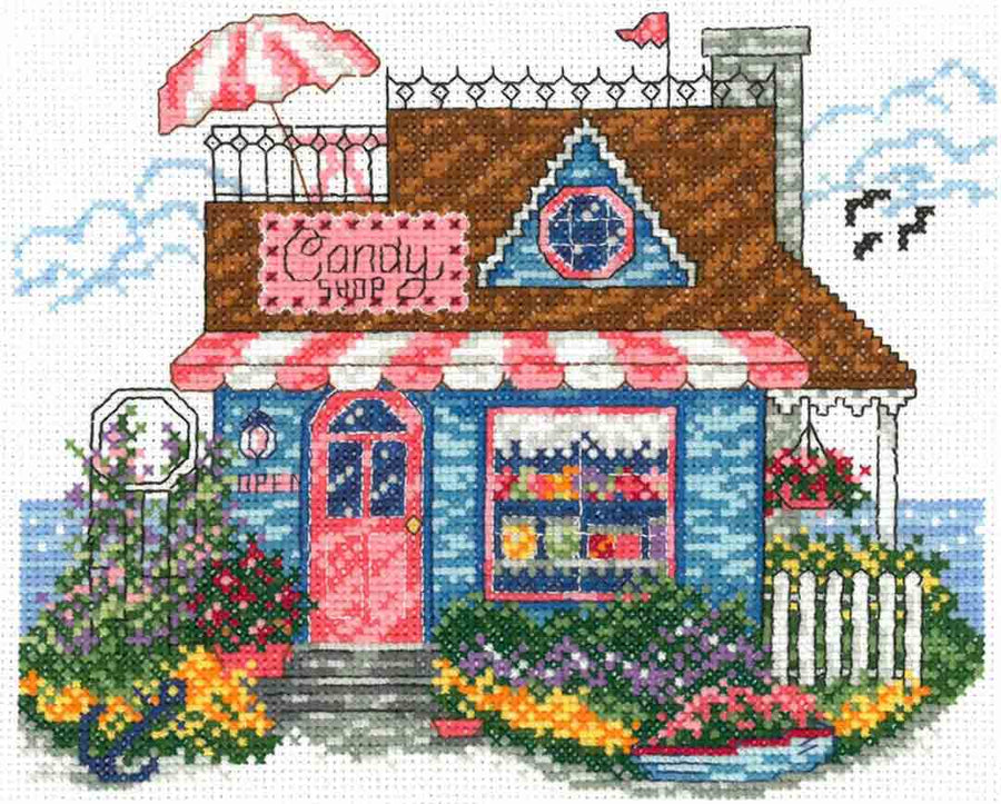 A stitched preview of the counted cross stitch pattern Candy Shop by Ursula Michael