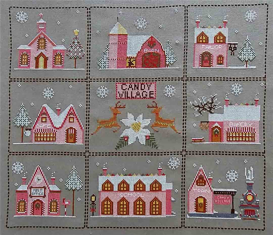 A stitched preview of the counted cross stitch pattern Candy Village Christmas by Twin Peak Primitives