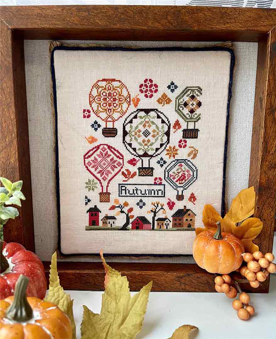 A stitched preview of the counted cross stitch pattern Carolyn's Balloons - Autumn by Jan Hicks Creates