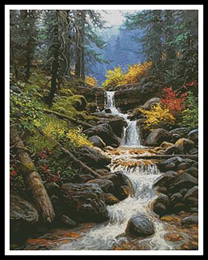 A stitched preview of the counted cross stitch pattern Cascade Creek by Artecy Cross Stitch