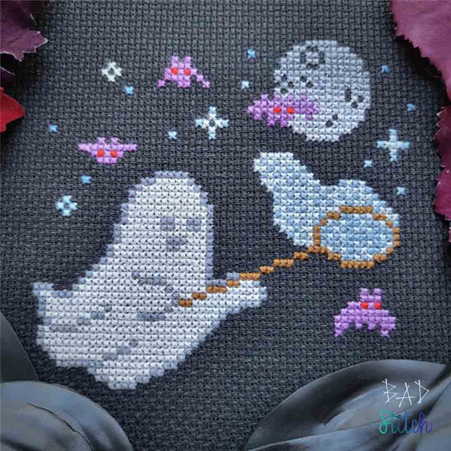 A stitched preview of the counted cross stitch pattern Catching Bats by BAD Stitch