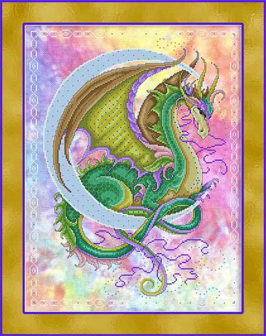 A stitched preview of the counted cross stitch pattern Celestial Dragon by Joan A Elliott