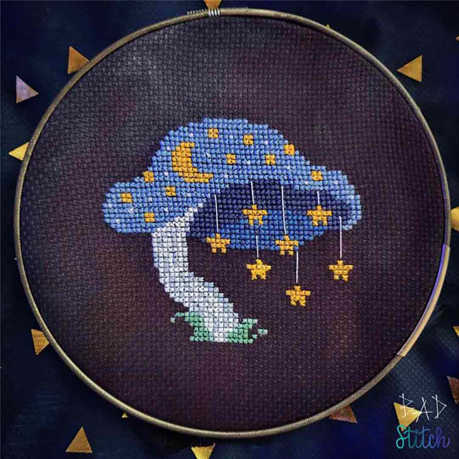 A stitched preview of the counted cross stitch pattern Celestial Mushroom by BAD Stitch