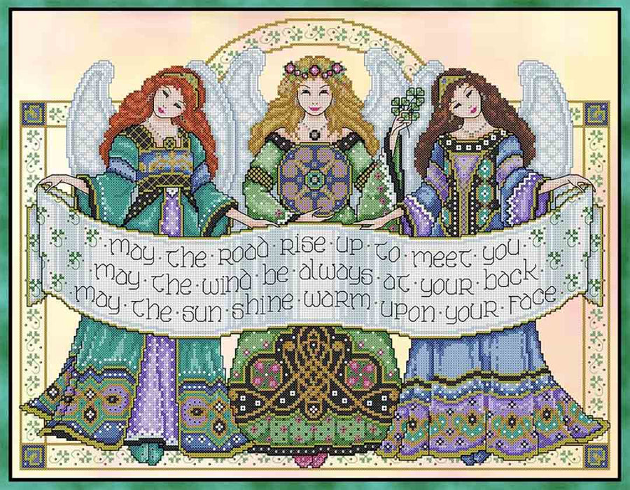 A stitched preview of the counted cross stitch pattern Celtic Angels by Joan A Elliott