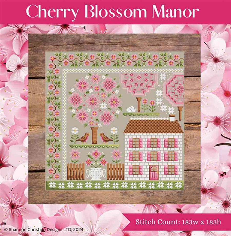 A stitched preview of the counted cross stitch pattern Cherry Blossom Manor by Shannon Christine Designs