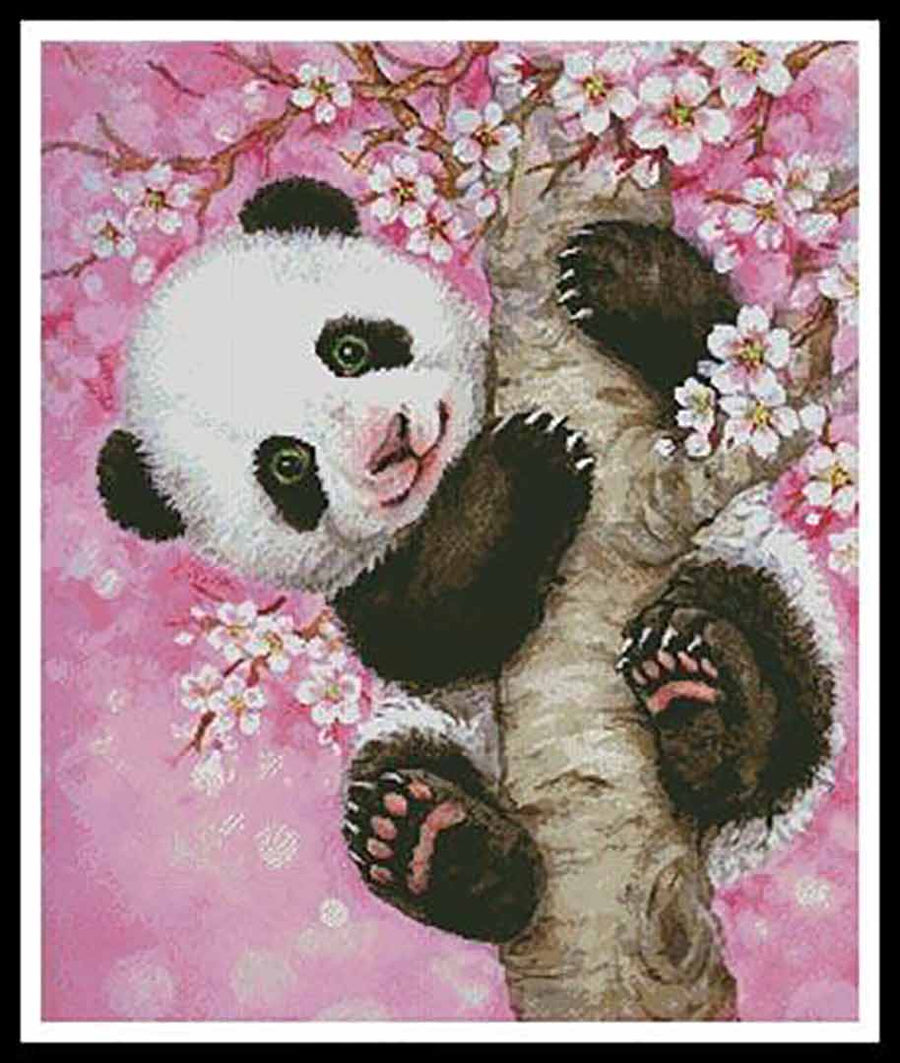 A stitched preview of the counted cross stitch pattern Cherry Blossom Panda by Artecy Cross Stitch