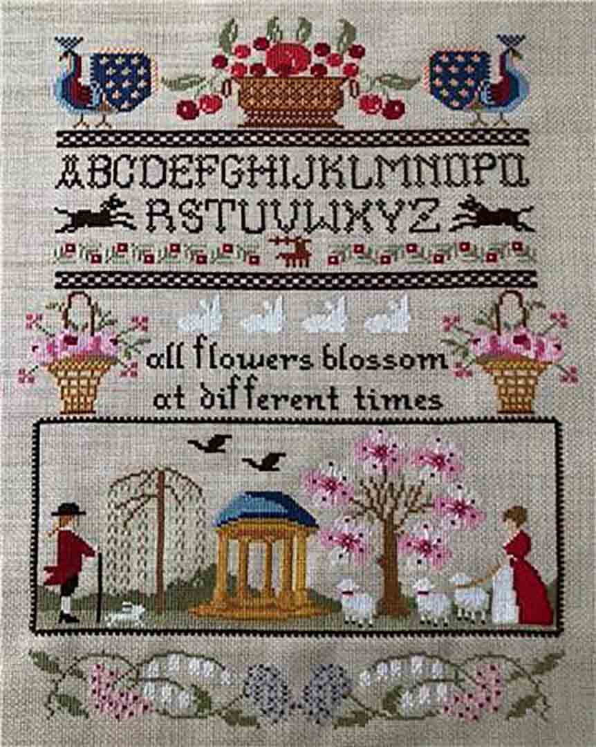 A stitched preview of the counted cross stitch pattern Cherry Garden by Twin Peak Primitives