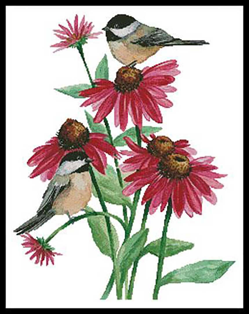 A stitched preview of the counted cross stitch pattern Chickadees on Coneflowers by Artecy Cross Stitch