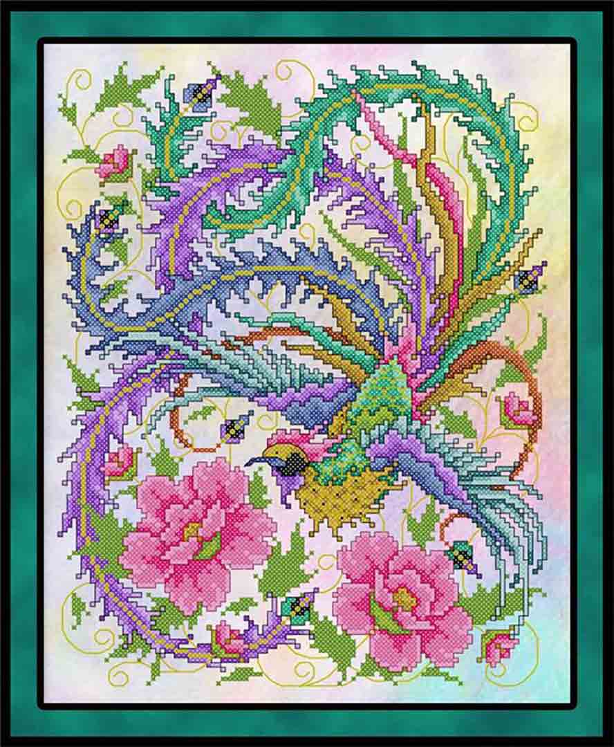 A stitched preview of the counted cross stitch pattern Chinese Phoenix by Joan A Elliott