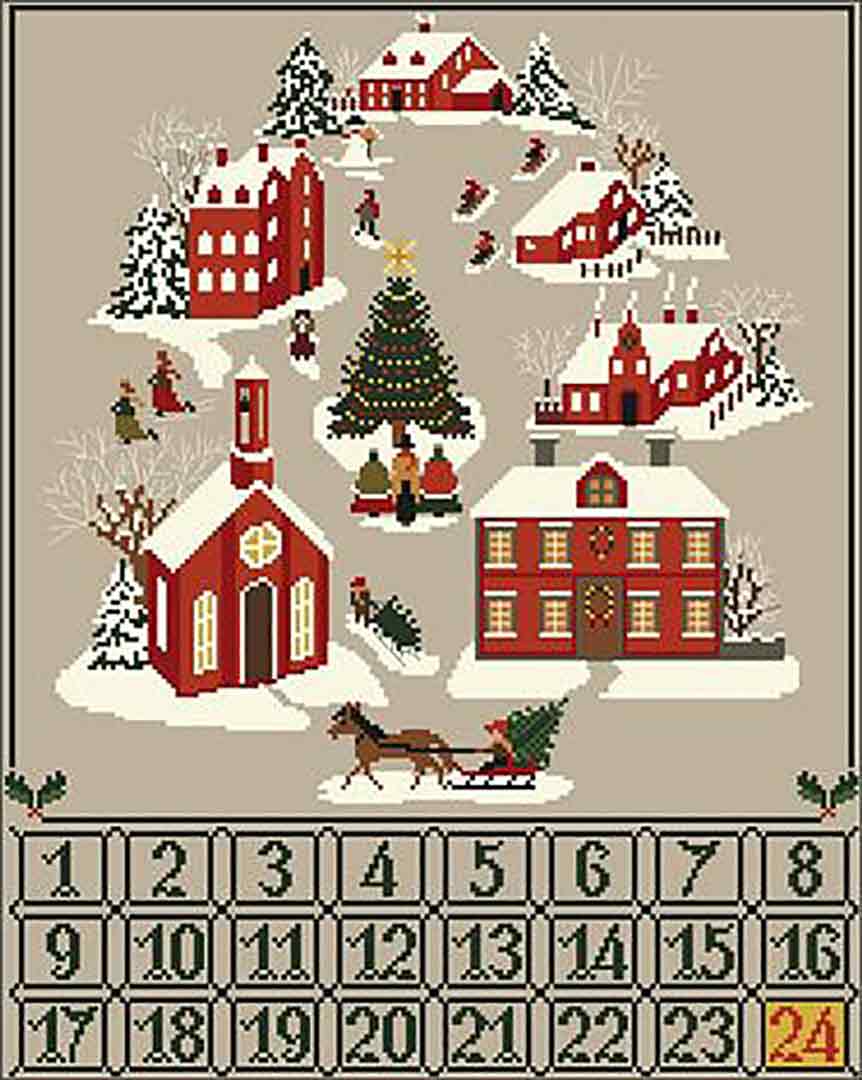 A stitched preview of the counted cross stitch pattern Christmas Advent Calendar by Twin Peak Primitives
