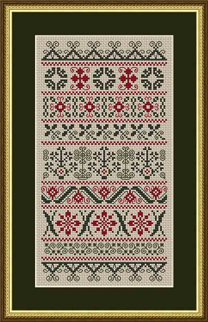 A stitched preview of the counted cross stitch pattern Christmas Band Sampler by Happiness Is Heartmade