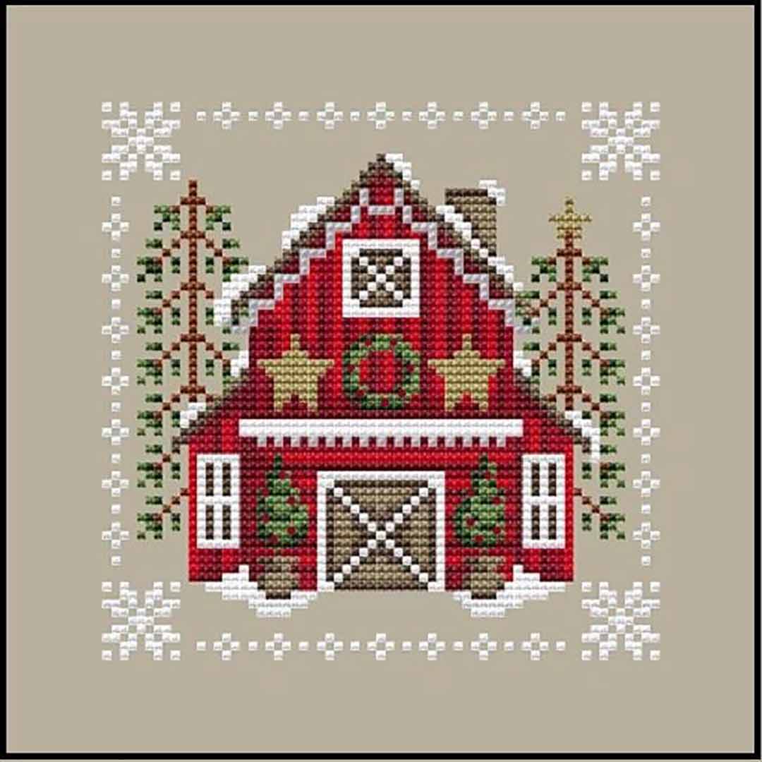A stitched preview of the counted cross stitch pattern Christmas Barn by Shannon Christine Designs