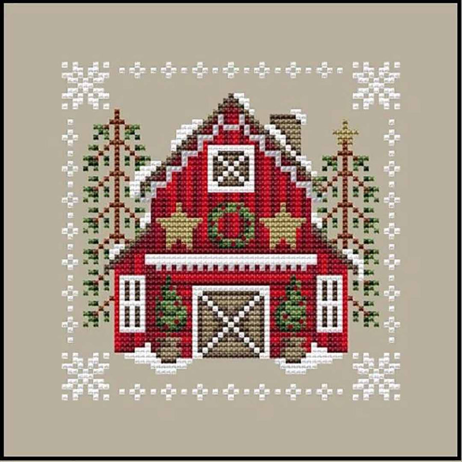 A stitched preview of the counted cross stitch pattern Christmas Barn by Shannon Christine Designs