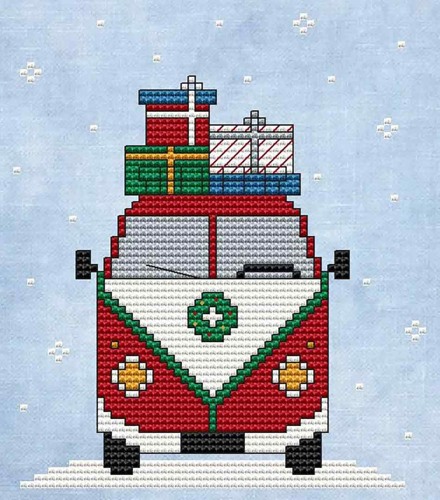 A stitched preview of the counted cross stitch pattern Christmas Bus by Kate Spiridonova