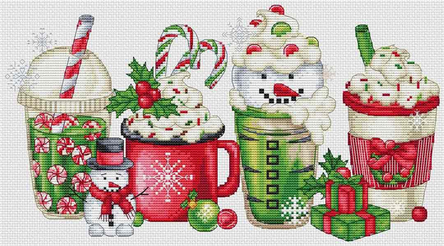 A stitched preview of the counted cross stitch pattern Christmas Coffees by Les Petites Croix De Lucie