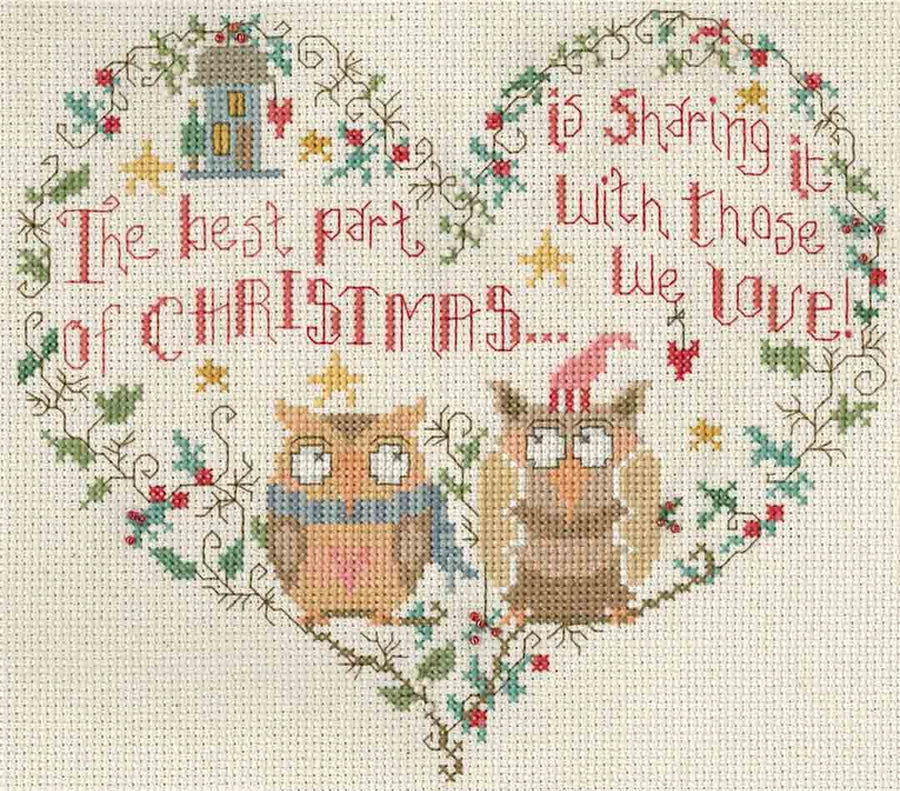 A stitched preview of the counted cross stitch pattern Christmas Love Owls by Gail Bussi