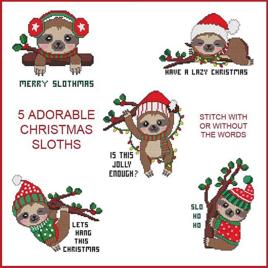 A stitched preview of the counted cross stitch pattern Christmas Sloths Combo by Marcia Manning