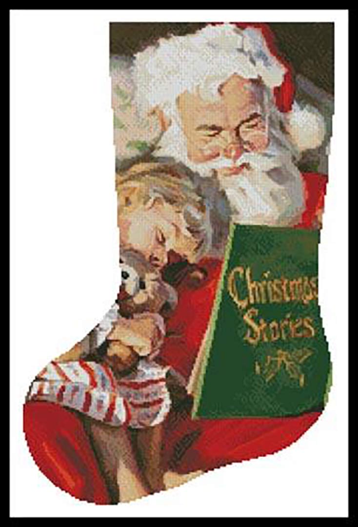 A stitched preview of the counted cross stitch pattern Christmas Stories Stocking by Artecy Cross Stitch