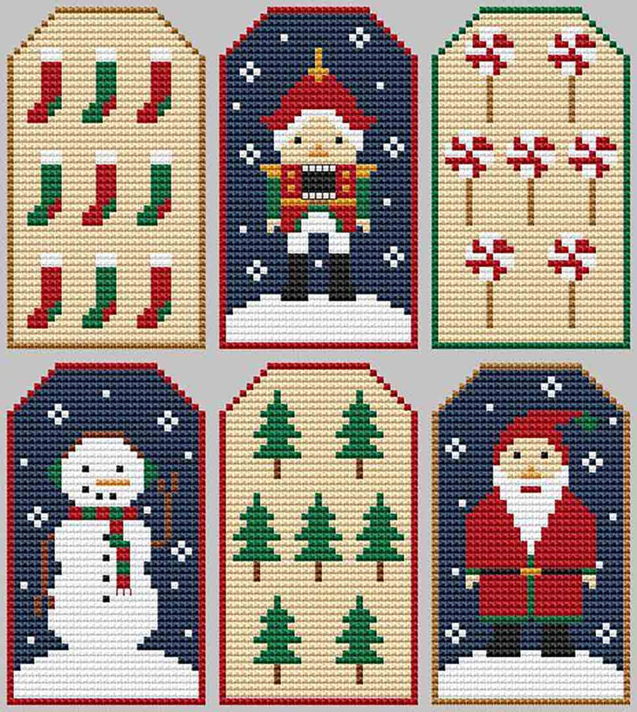 A stitched preview of the counted cross stitch pattern Christmas Tags by Kate Spiridonova