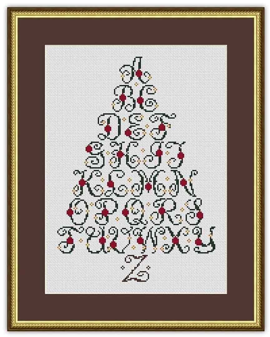 A stitched preview of the counted cross stitch pattern Christmas Tree Alphabet Holiday Sampler by Happiness Is Heartmade