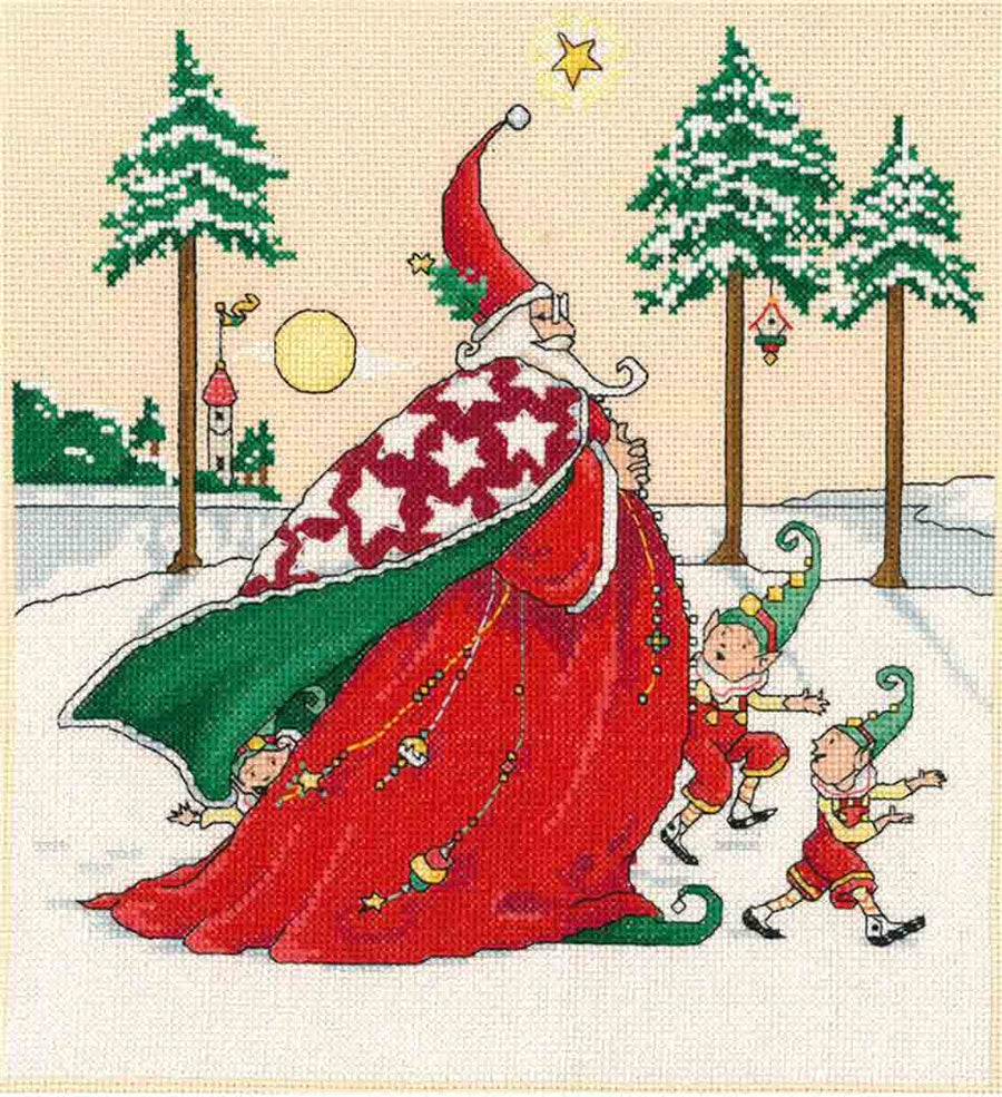 A stitched preview of the counted cross stitch pattern Christmas Wizard by Mary Engelbreit