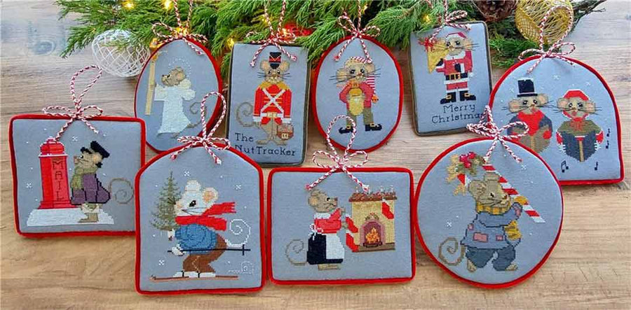A stitched preview of the counted cross stitch pattern Christmice Ornaments 2023 by Twin Peak Primitives