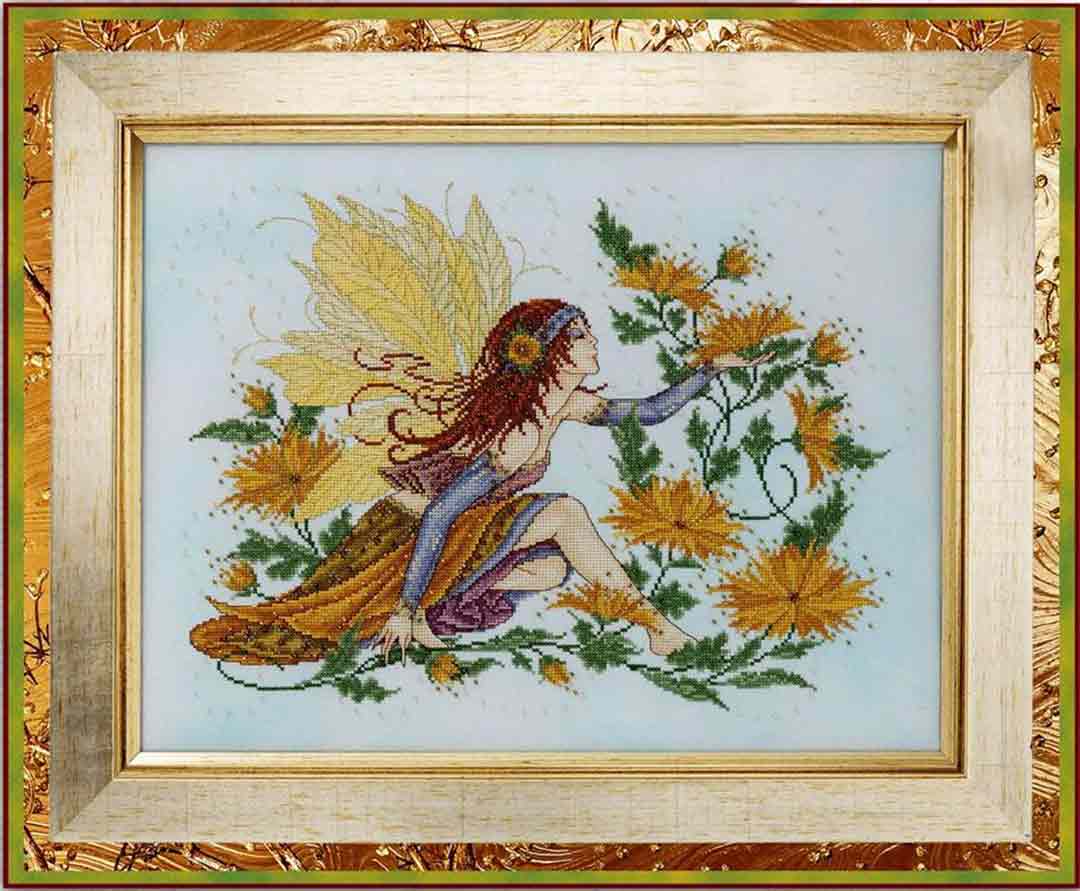A stitched preview of the counted cross stitch pattern Chrysanthemum Fairy by Joan A Elliott