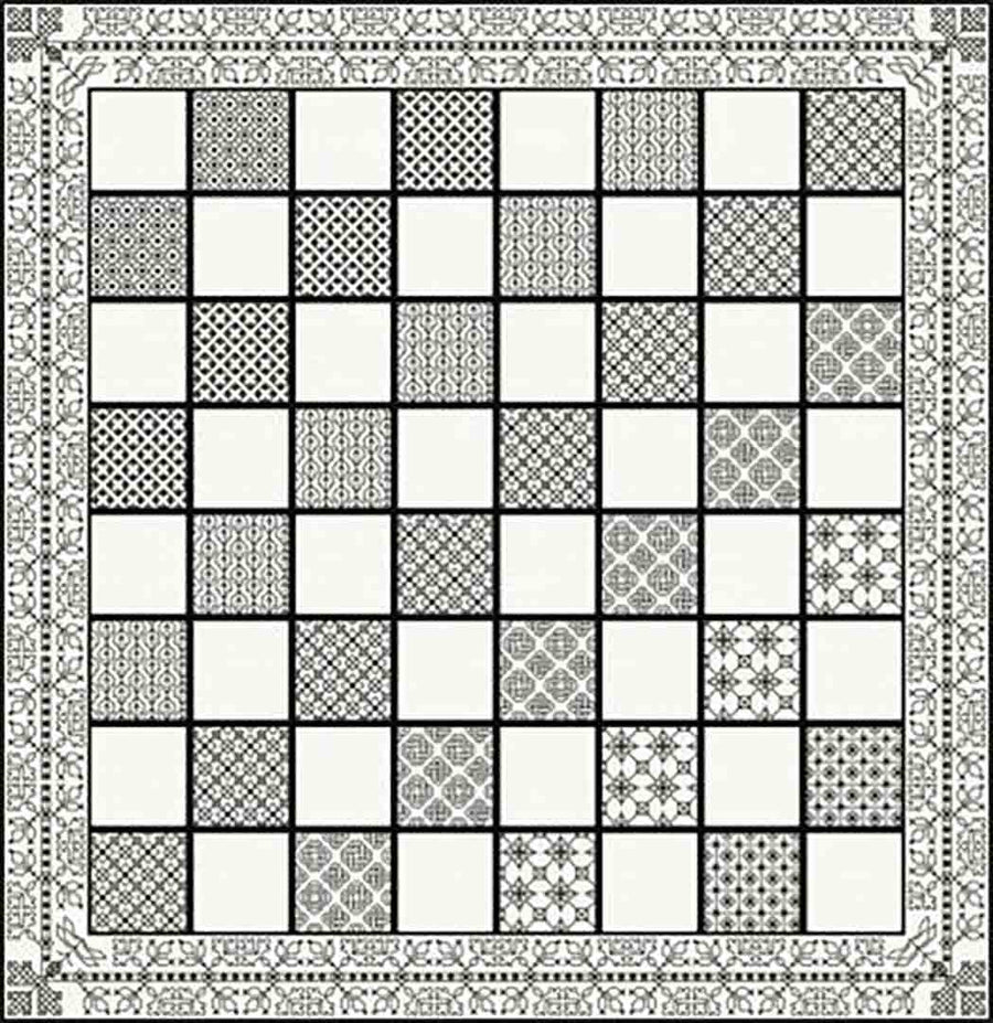 A stitched preview of the counted cross stitch pattern Classic Chess Board - Blackwork by DoodleCraft Design Ltd