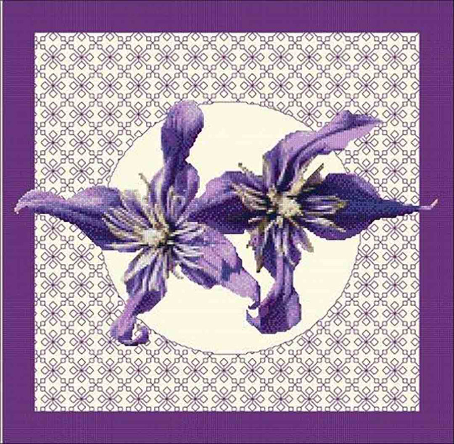 A stitched preview of the counted cross stitch pattern Clematis In Bloom by DoodleCraft Design Ltd