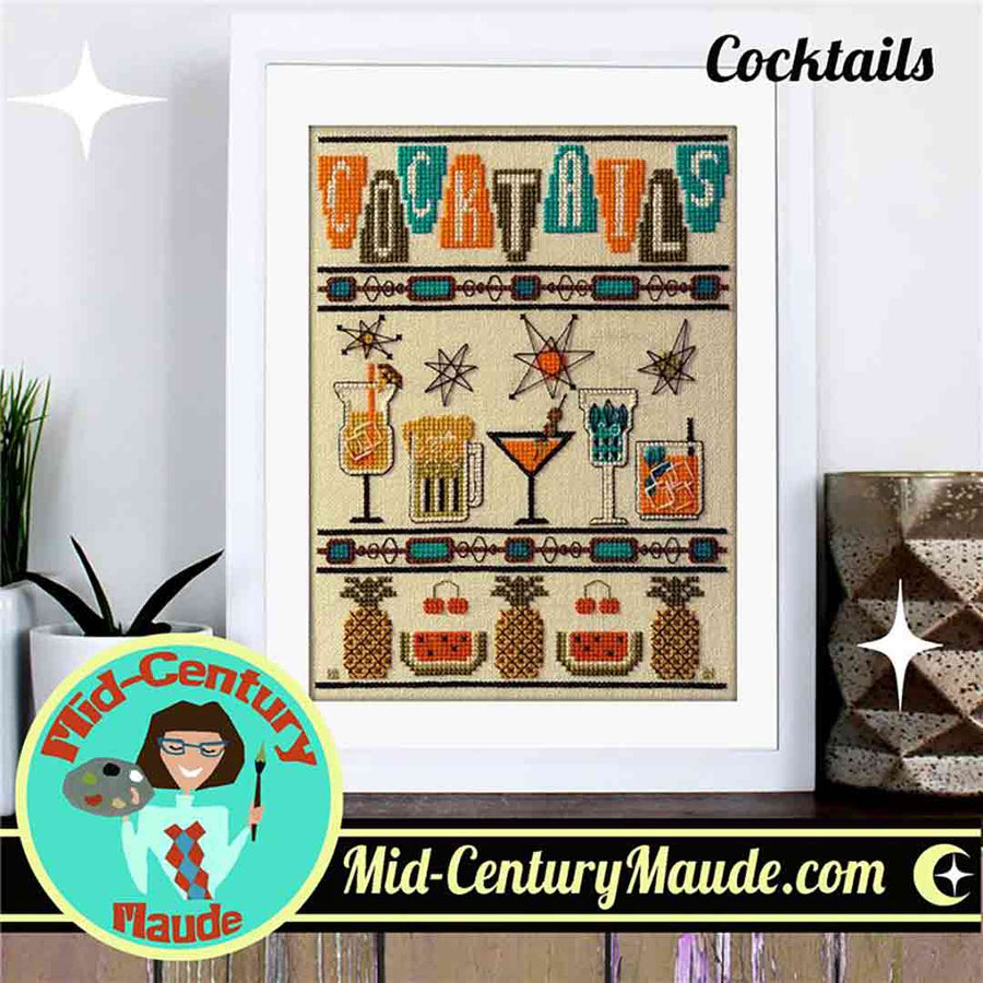 A stitched preview of the counted cross stitch pattern Cocktails by Mid-Century Maude