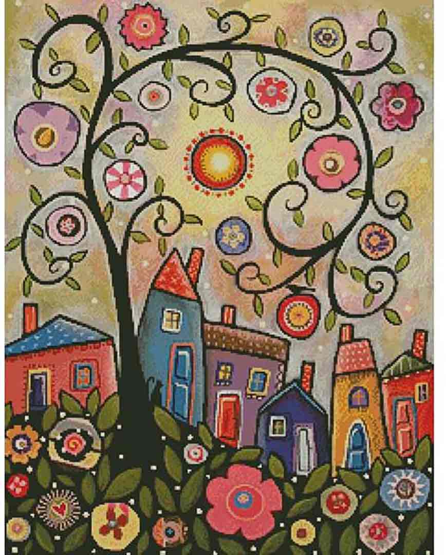 A stitched preview of the counted cross stitch pattern Collage Tree Village by Artecy Cross Stitch