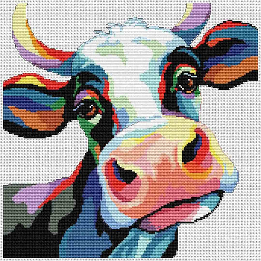 A stitched preview of the counted coss stitch pattern Colorful Cow by Kooler Design Studio