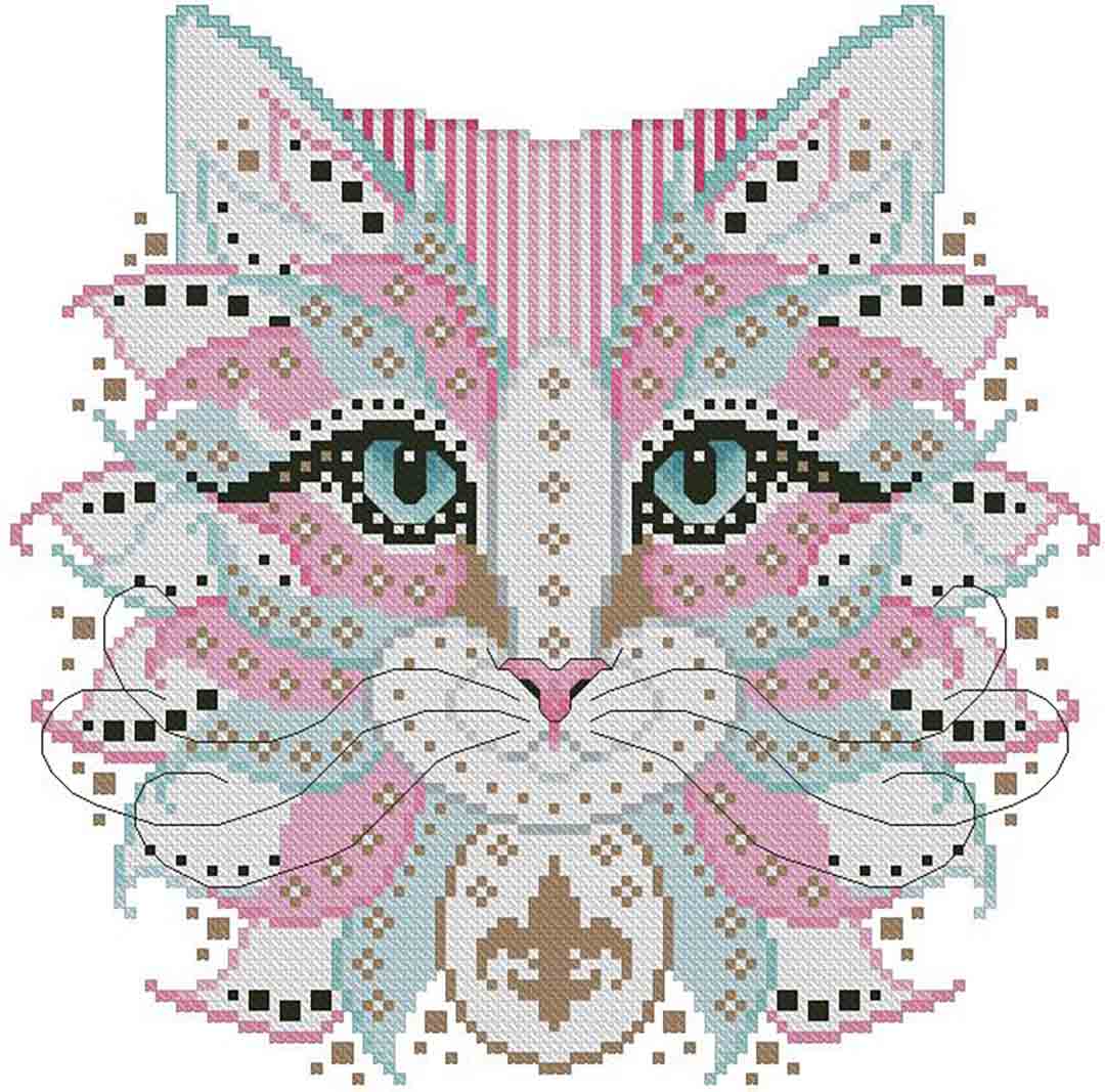 A stitched preview of the counted cross stitch pattern Colourful Cats Antoinette by Kitty & Me Designs