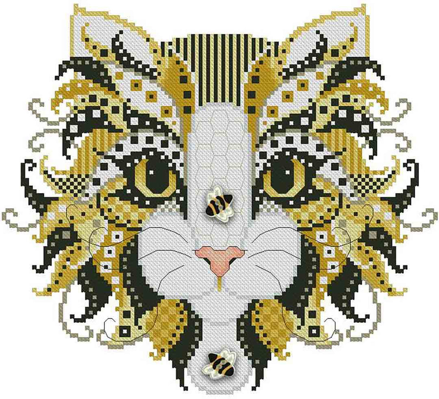A stitched preview of the counted cross stitch pattern Colourful Cats Bumblebee by Kitty & Me Designs