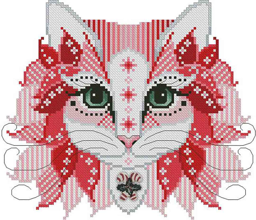 A stitched preview of the counted cross stitch pattern Colourful Cats Candy Cane by Kitty & Me Designs