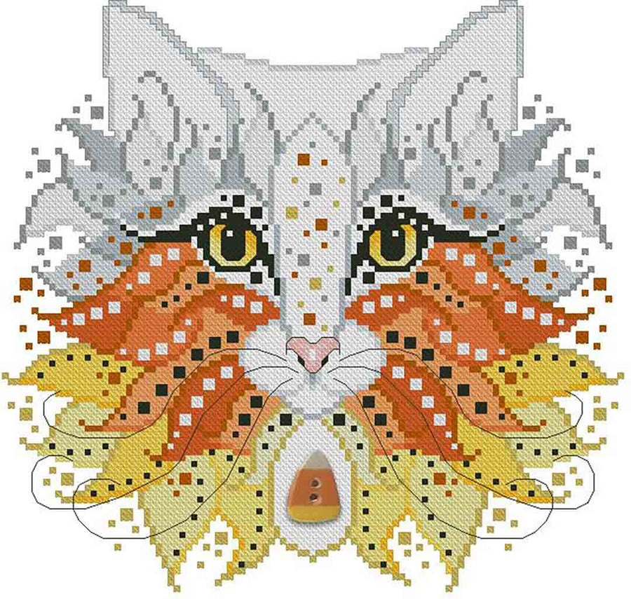 A stitched preview of the counted cross stitch pattern Colourful Cats Candy Corn by Kitty & Me Designs