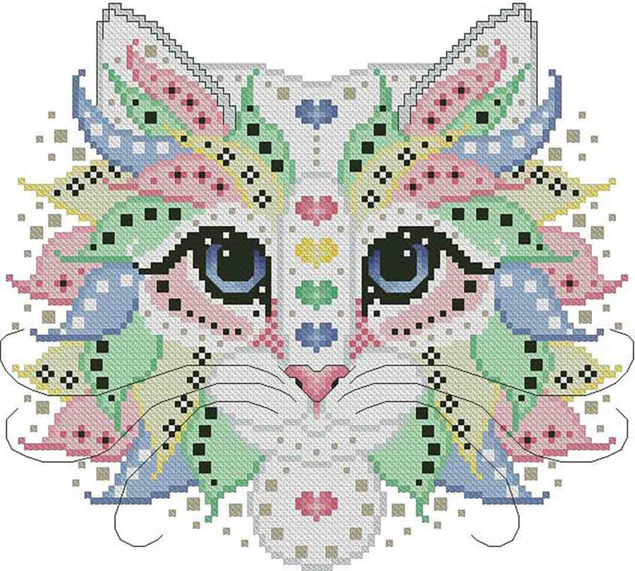 A stitched preview of the counted cross stitch pattern Colourful Cats Celebrate by Kitty & Me Designs
