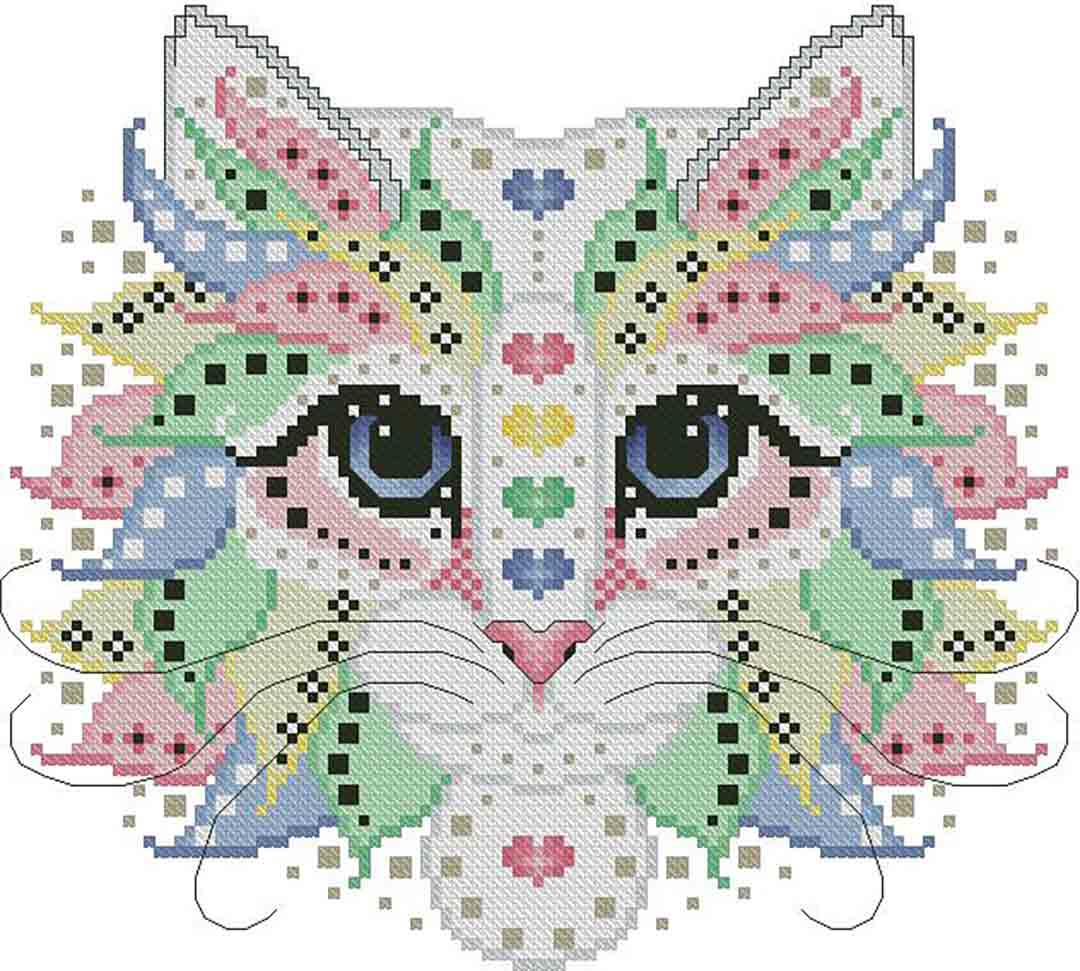 A stitched preview of the counted cross stitch pattern Colourful Cats Celebrate by Kitty & Me Designs