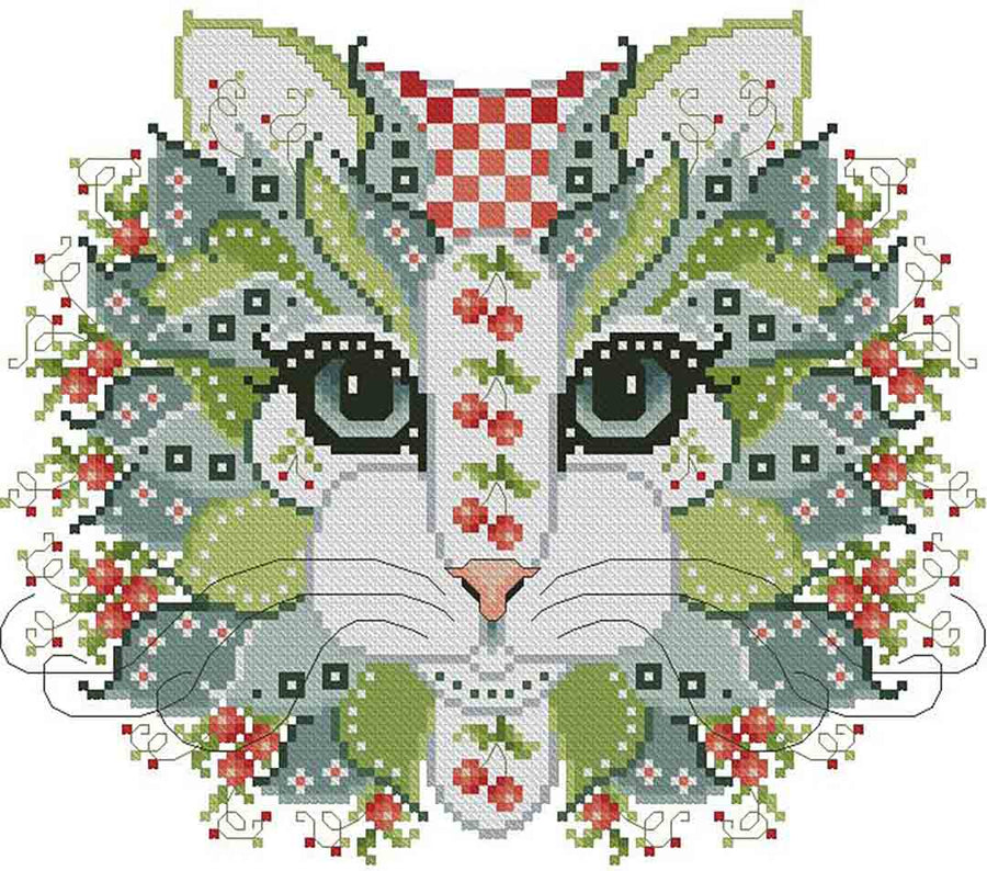 A stitched preview of the counted cross stitch pattern Colourful Cats Cherry Berry by Kitty & Me Designs