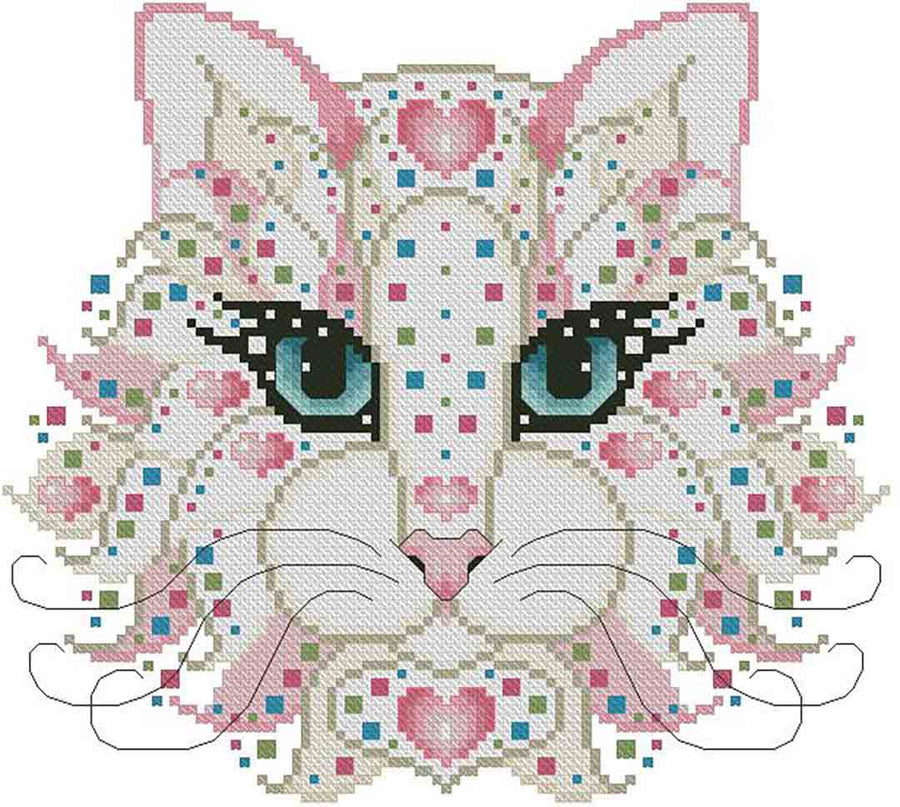 A stitched preview of the counted cross stitch pattern Colourful Cats Confetti by Kitty & Me Designs