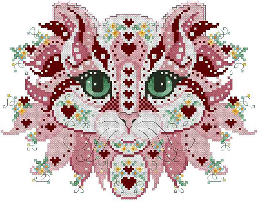 A stitched preview of the counted cross stitch pattern Colourful Cats Cupid by Kitty & Me Designs