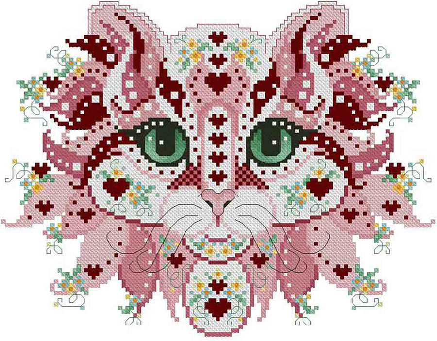 A stitched preview of the counted cross stitch pattern Colourful Cats Cupid by Kitty & Me Designs