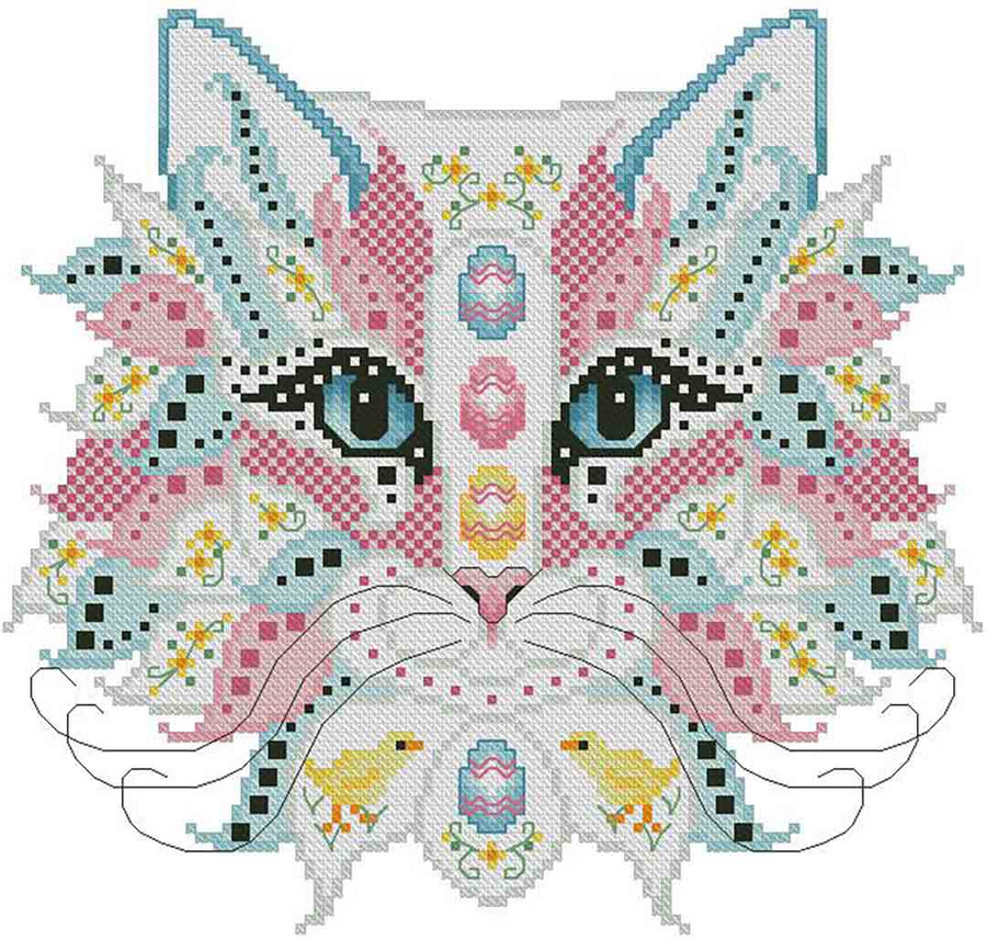 A stitched preview of the counted cross stitch pattern Colourful Cats Easter by Kitty & Me Designs