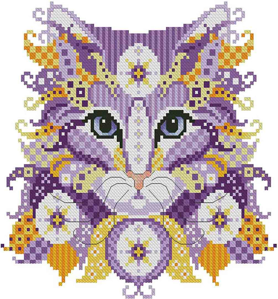 A stitched preview of the counted cross stitch pattern Colourful Cats Egbert by Kitty & Me Designs