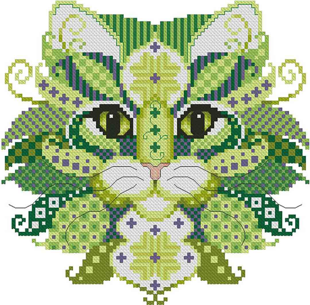 A stitched preview of the counted cross stitch pattern Colourful Cats Emerald by Kitty & Me Designs