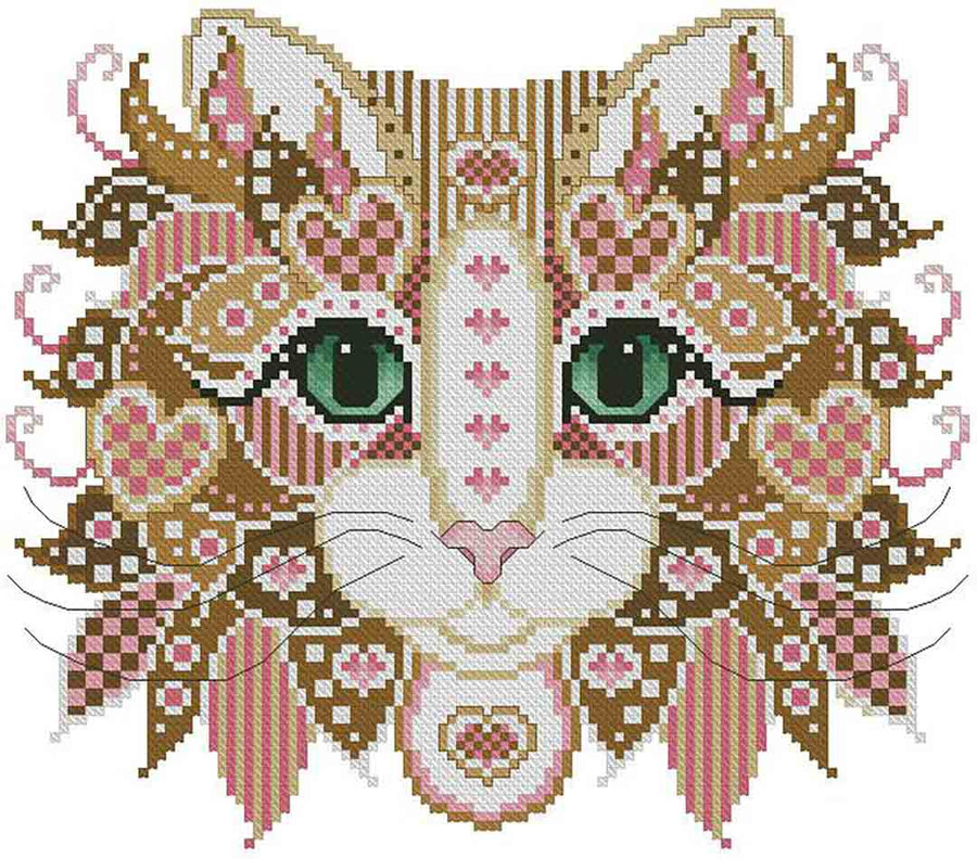 A stitched preview of the counted cross stitch pattern Colourful Cats Gingerbread by Kitty & Me Designs